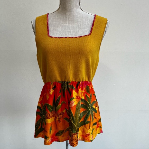 Farm Rio for Anthropologie Yellow Knit Peplum Top with Satin Tropical Bottom - Picture 2 of 9